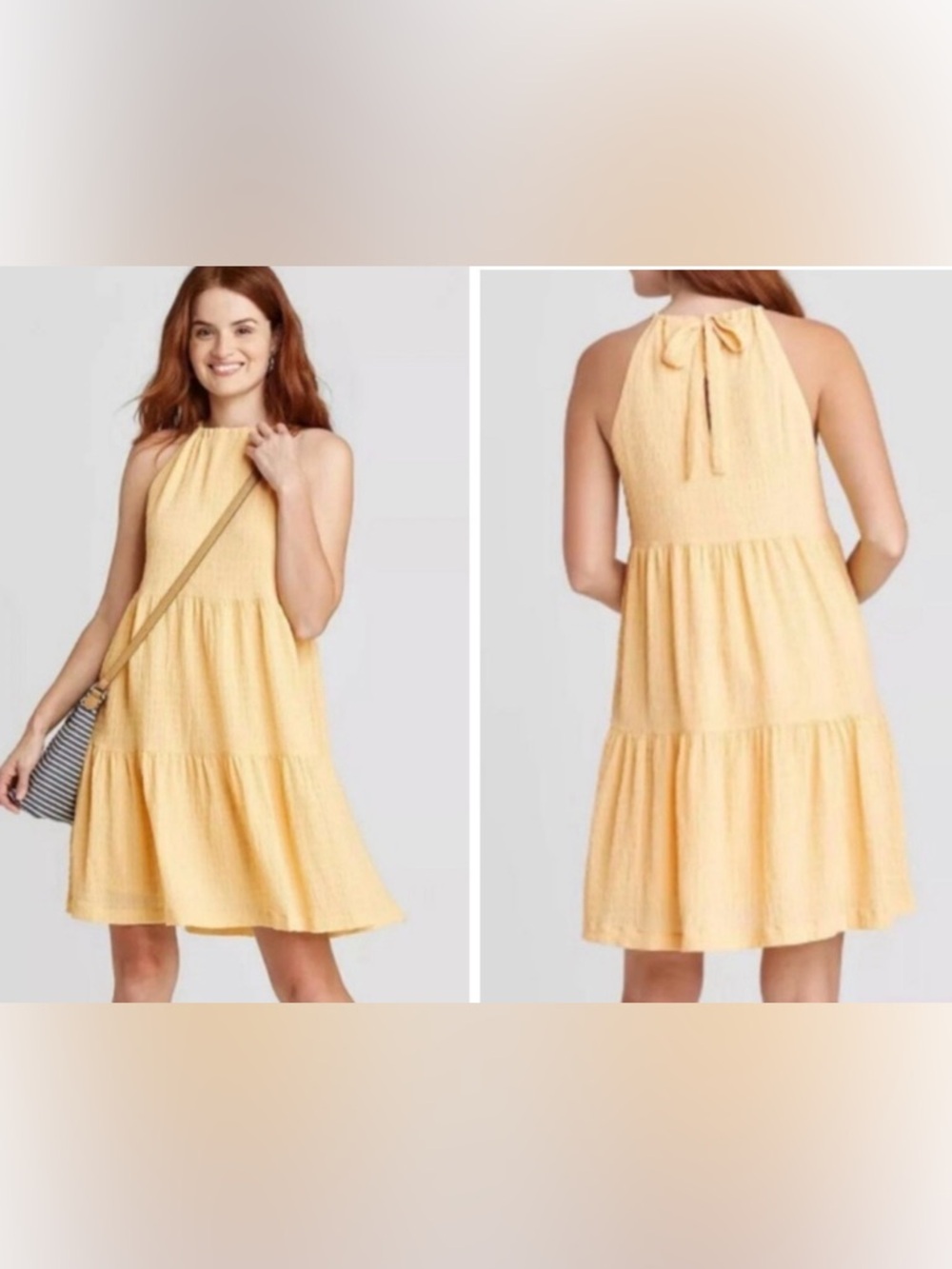 A New Day Sleeveless Tiered A-line Tie Halter Yellow Summer Mini Dress Medium